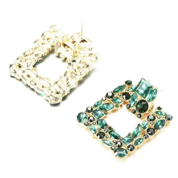 Yellow Gold with Emerald Green Crystal Geometric Square Post Back Drop Earrings
